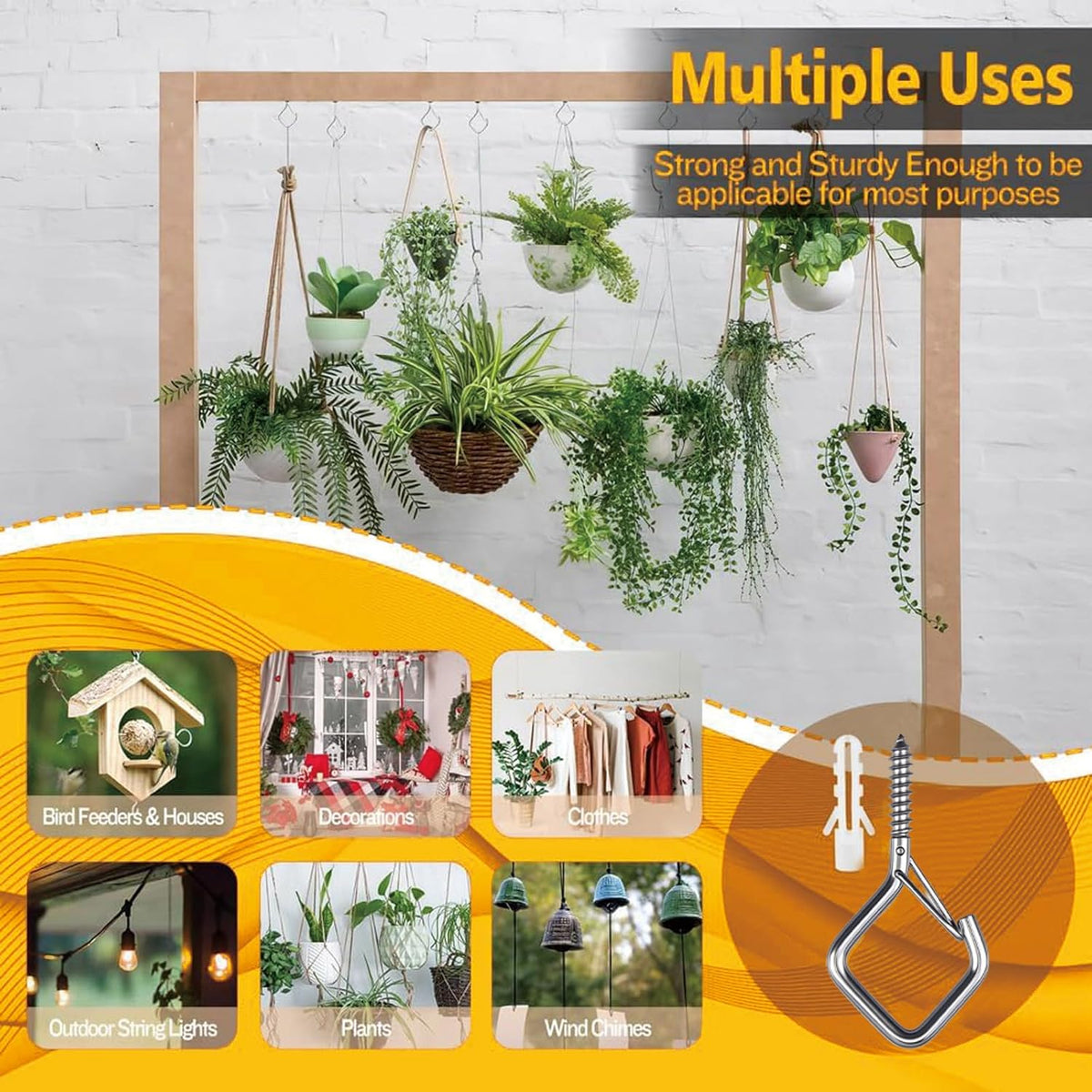 65 Pcs Stainless Steel Hooks, 2.16" Screw Hooks with Safety Buckle