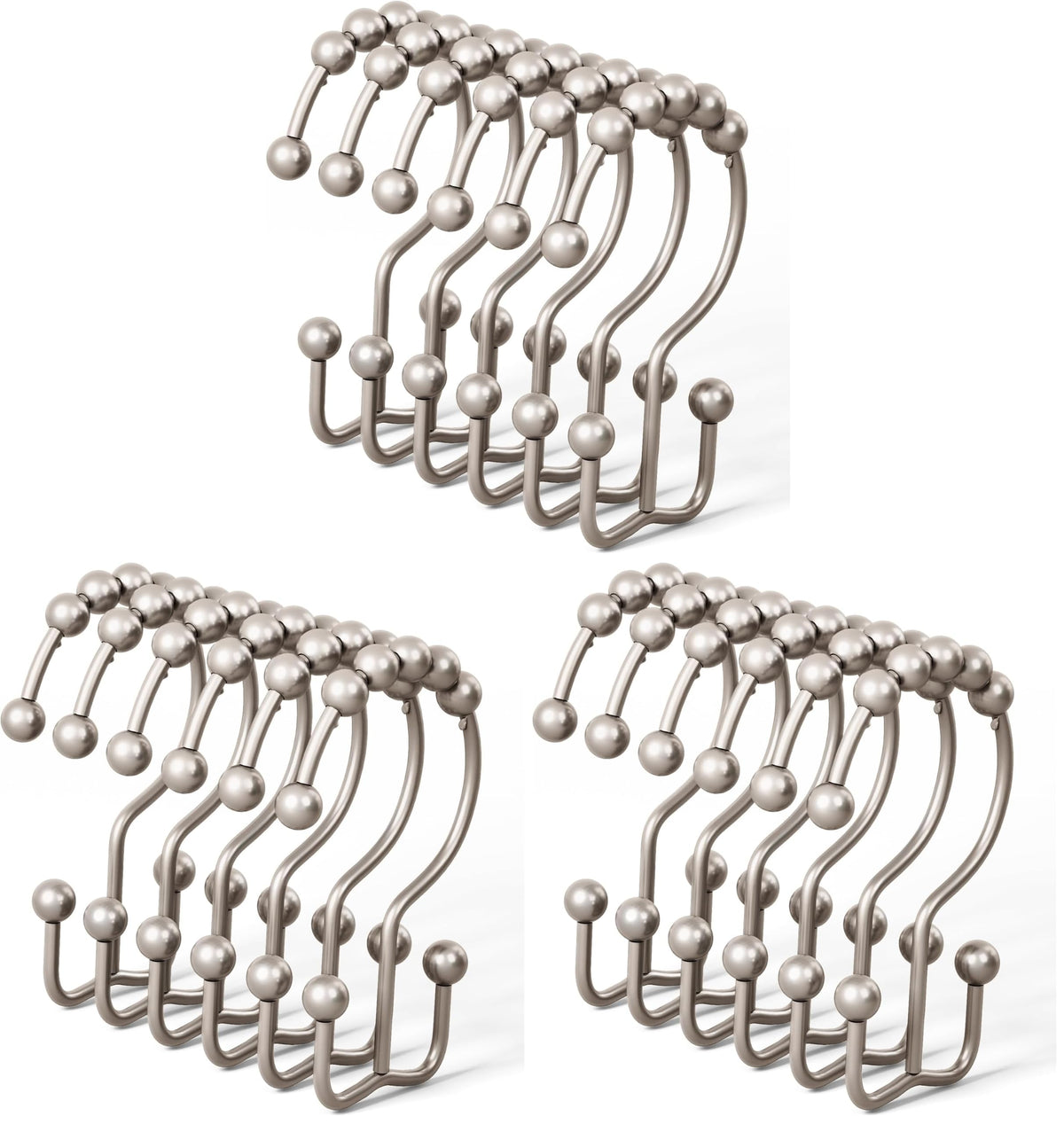 DAWNER Shower Curtain Hooks, Rust Proof Metal Easy Glide Double Rings, Stainless Steel Hangers for Bathroom Curtains, Set of 12, Brushed Nickel