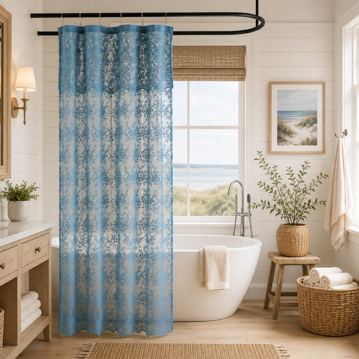TUDECO Lace Brown Shower Curtain with Attached Valance, 72 x 72 Inch