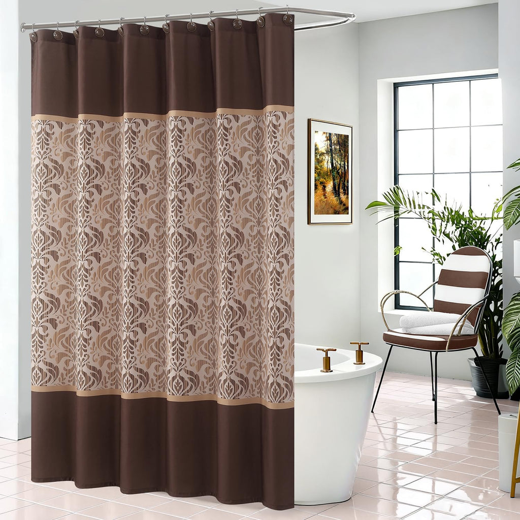 Fabric Shower Curtain, Narrow Width Beige Brown Stripe Waterproof Curtain for Tub or Stall，54" W x 72" H