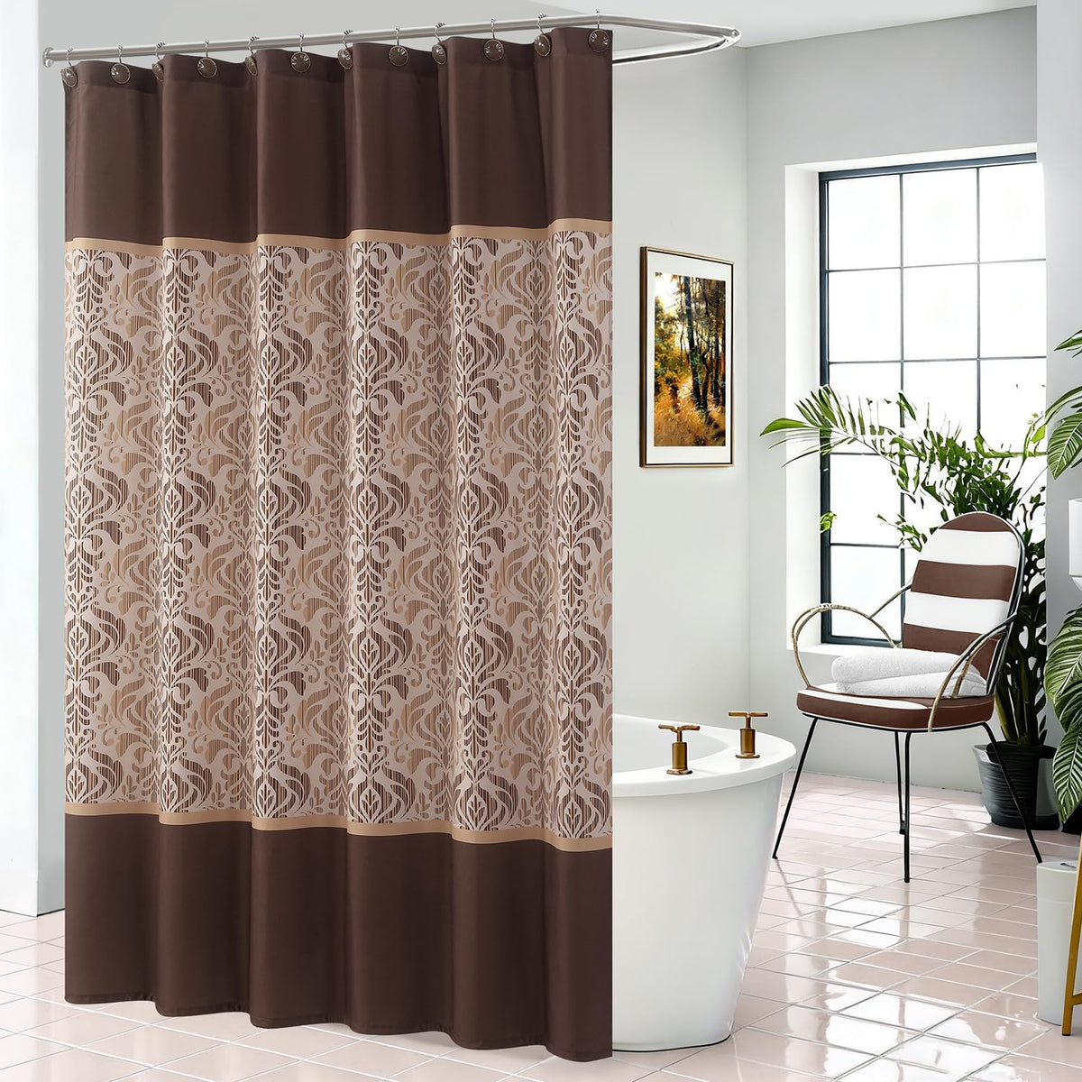 Fabric Shower Curtain, Narrow Width Beige Brown Stripe Waterproof Curtain for Tub or Stall，54" W x 72" H
