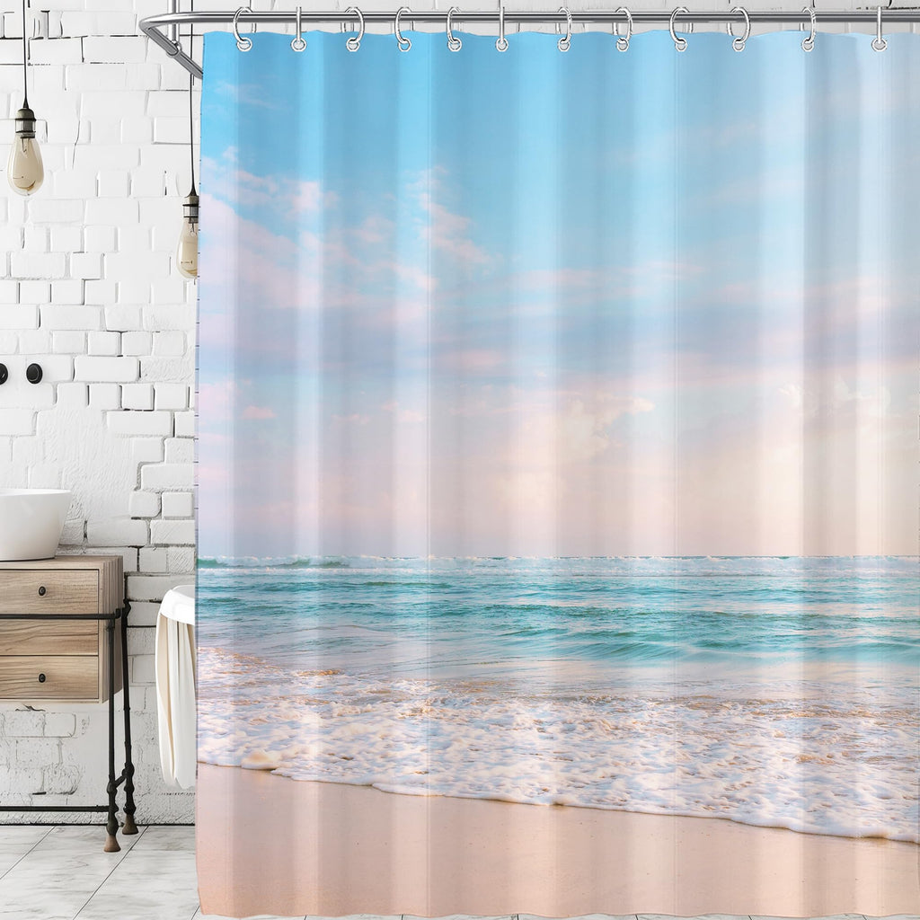 Ocean Beach Coastal Nautical Summer Sunset Shower Curtain for Bathroom 72W*72H Inch Seaside Seacoast Beachy Waves Bathtub Decor Seascape Neutral Cool Waterproof Polyester Fabric Set with 12 Hooks