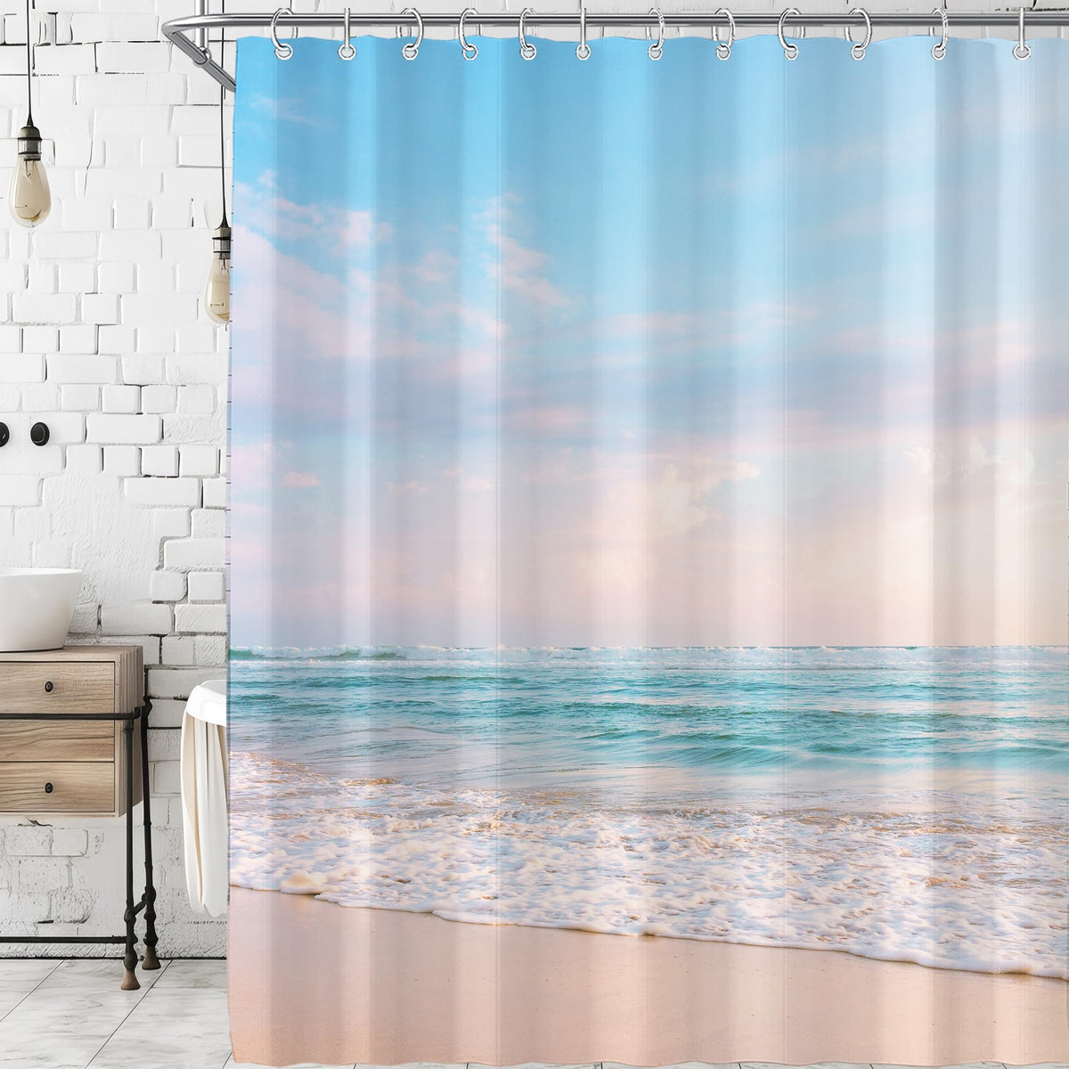 Ocean Beach Coastal Nautical Summer Sunset Shower Curtain for Bathroom 72W*72H Inch Seaside Seacoast Beachy Waves Bathtub Decor Seascape Neutral Cool Waterproof Polyester Fabric Set with 12 Hooks