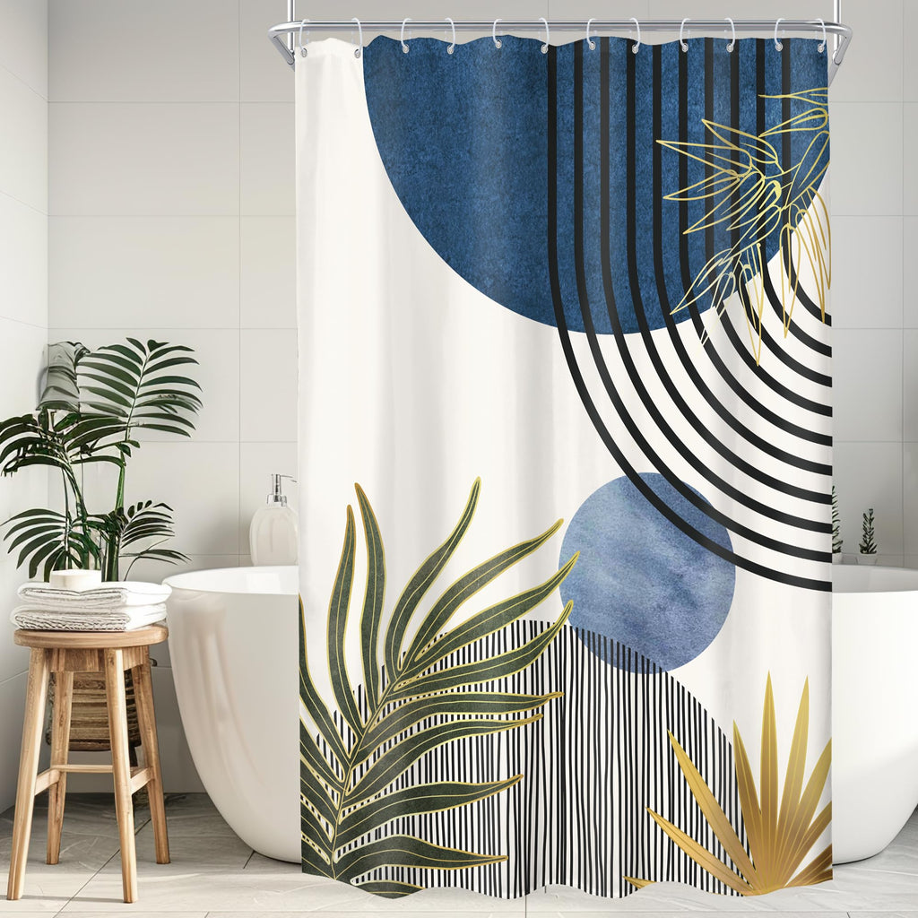 KOMLLEX Mid Century Green Boho Shower Curtain, Abstract Modern Shower Curtains for Bathroom, Plant Botanical Minimalist Leaf Arch Sun Fabric Liner Waterproof Polyester 12 Pack Hooks 60Wx72L Inches