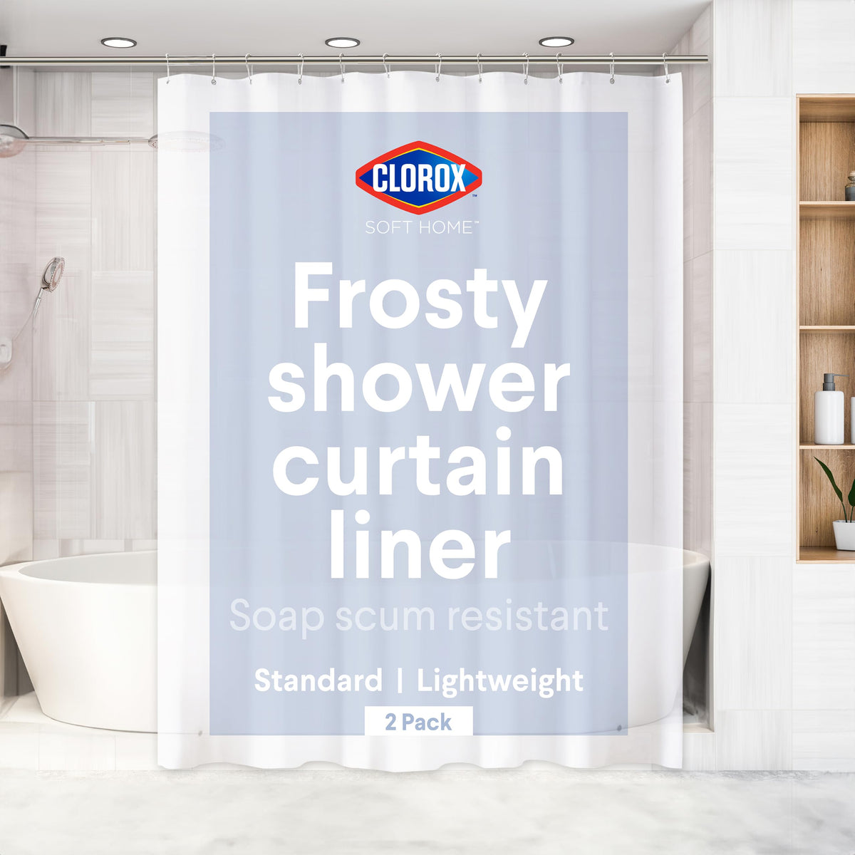Clorox Shower Curtain Liner & Hooks, Premium Lightweight Flexible Waterproof 4g PEVA for Bathroom with Weighted Magnets, Standard Size 70" x 72", Frosty 1 Pack