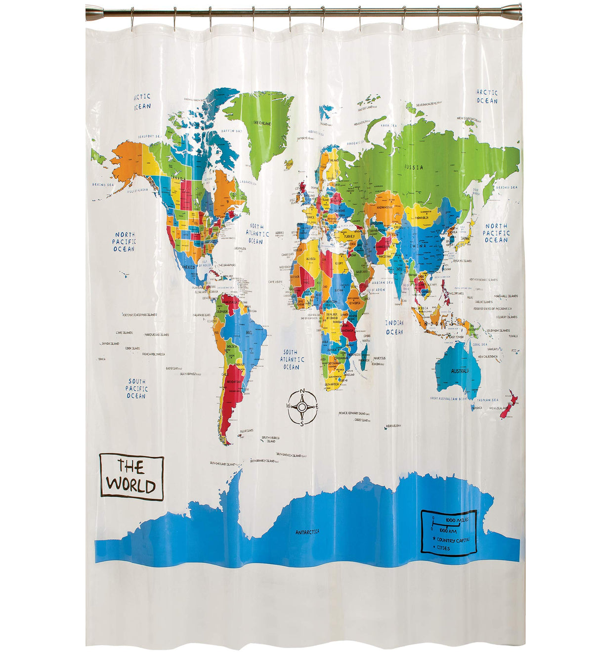 SKL Home The World Map Waterproof PEVA Shower Curtain, Clear/Multi