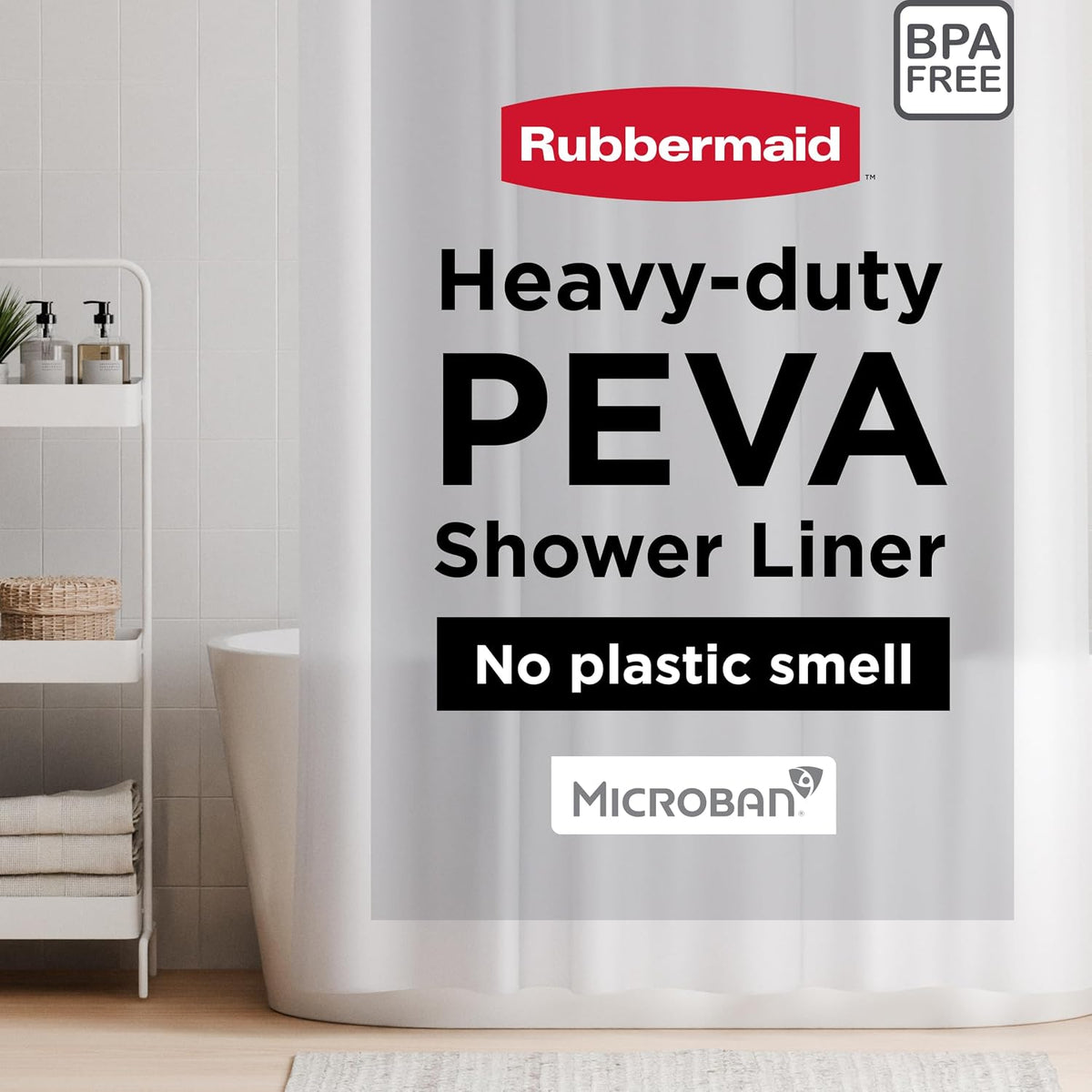Rubbermaid Frosty Shower Curtain Liner, Waterproof Heavyweight 8g PEVA Shower Liner for Bathroom, with Weighted Magnets and Rustproof Charcoal Gray Grommets, 70x72, Standard Size, Frosty