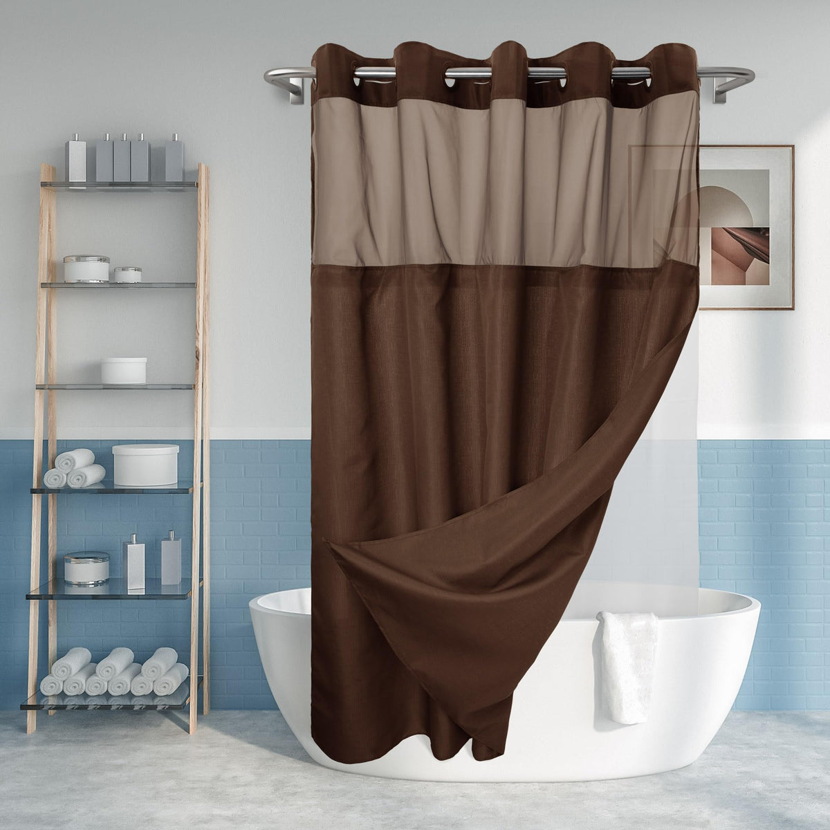River Dream No Hook Shower Curtain with Snap-in Liner Set, Dark Gray, 71x74