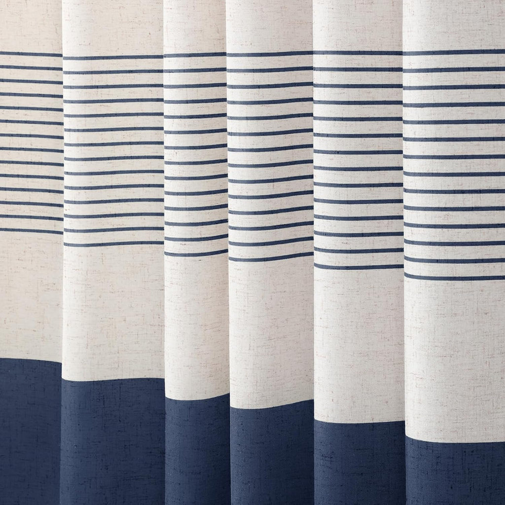 Navy Blue Coastal Ocean Linen Striped Shower Curtain with Tassel 72W X 72L