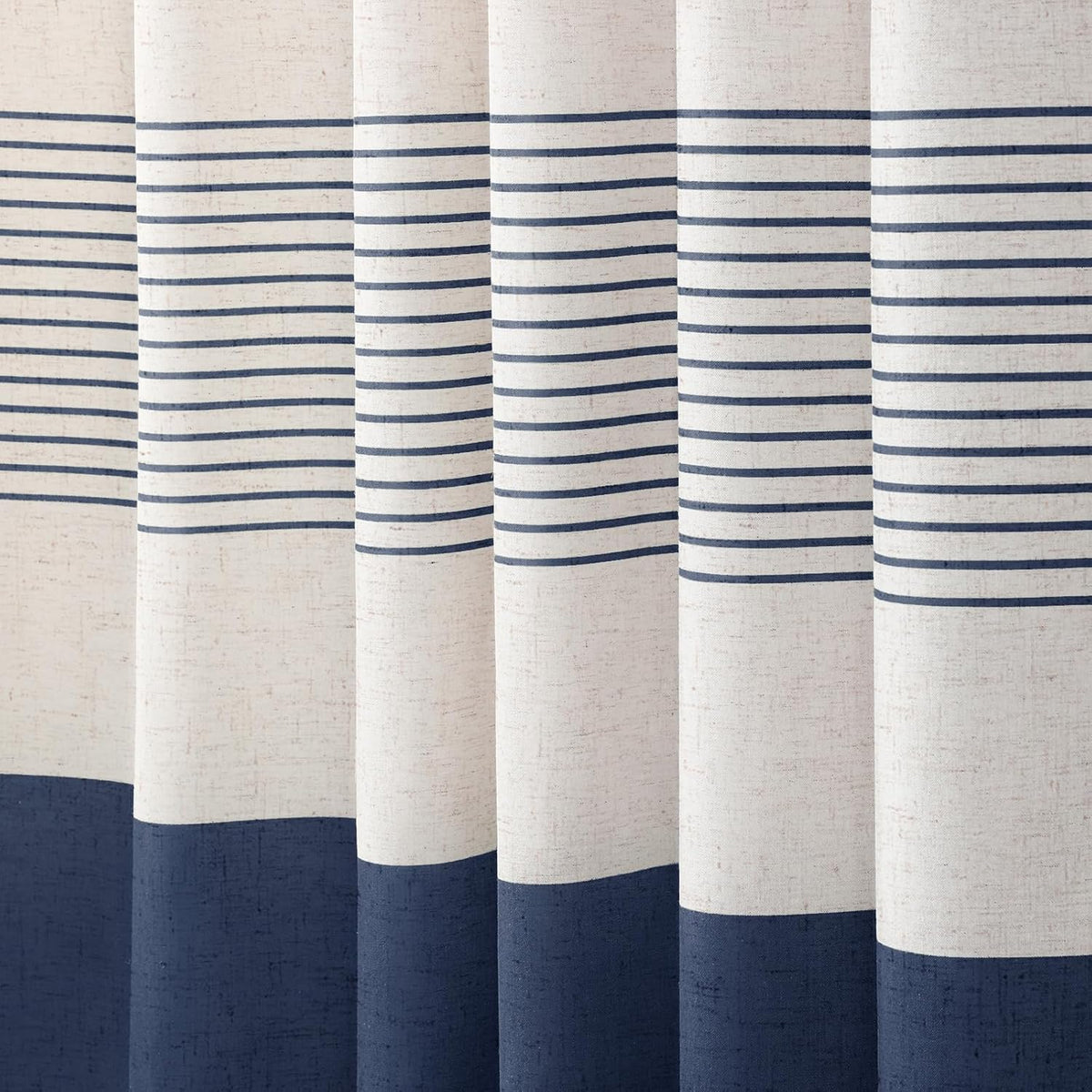 Navy Blue Coastal Ocean Linen Striped Shower Curtain with Tassel 72W X 72L