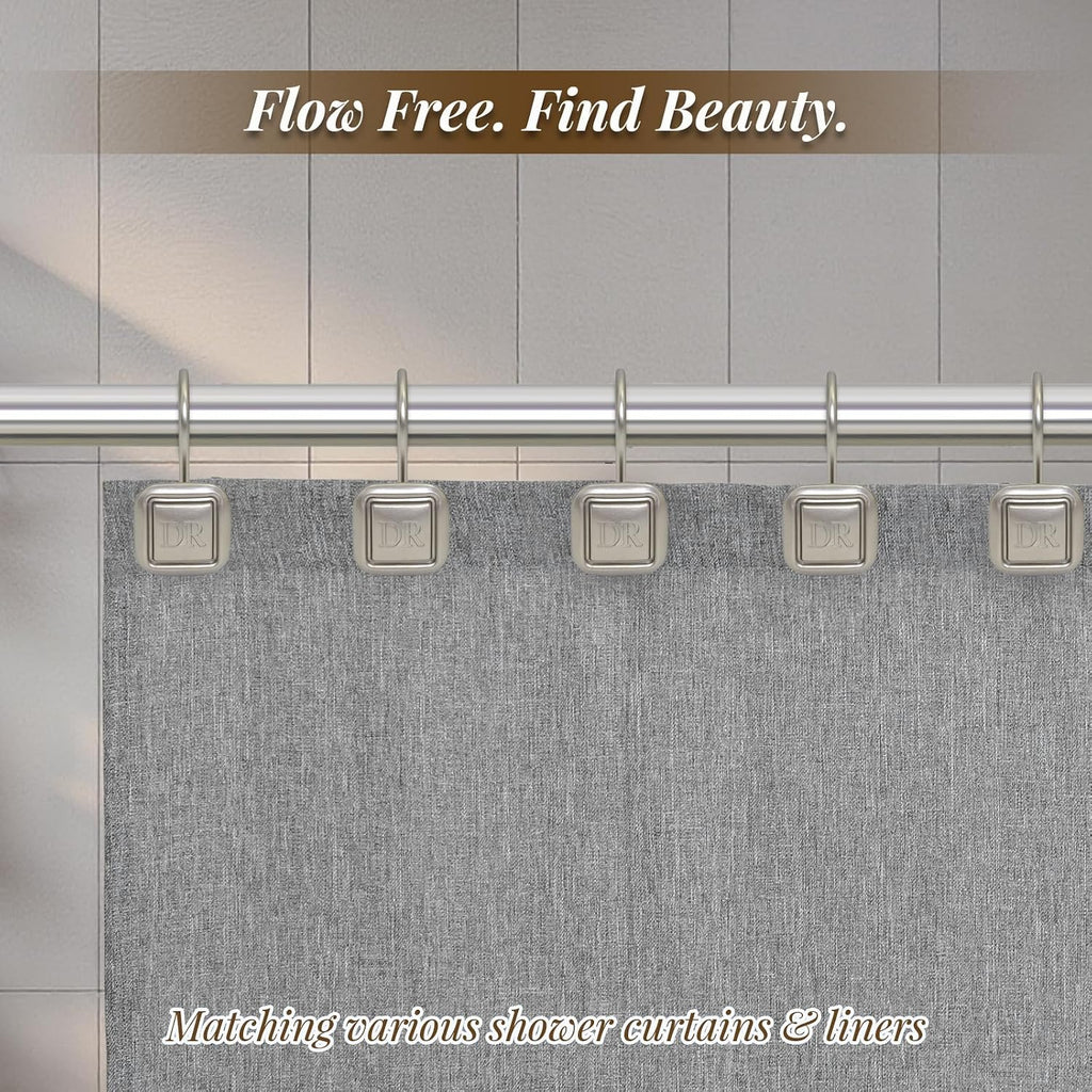 DR Monogram Shower Curtain Hooks, Set of 12, Smooth-Glide Curved Metal Hooks, Heavy-Duty Stainless Steel & Zinc Alloy, Electroplated Finish, Fits Most Standard Shower Rods (Nickel)