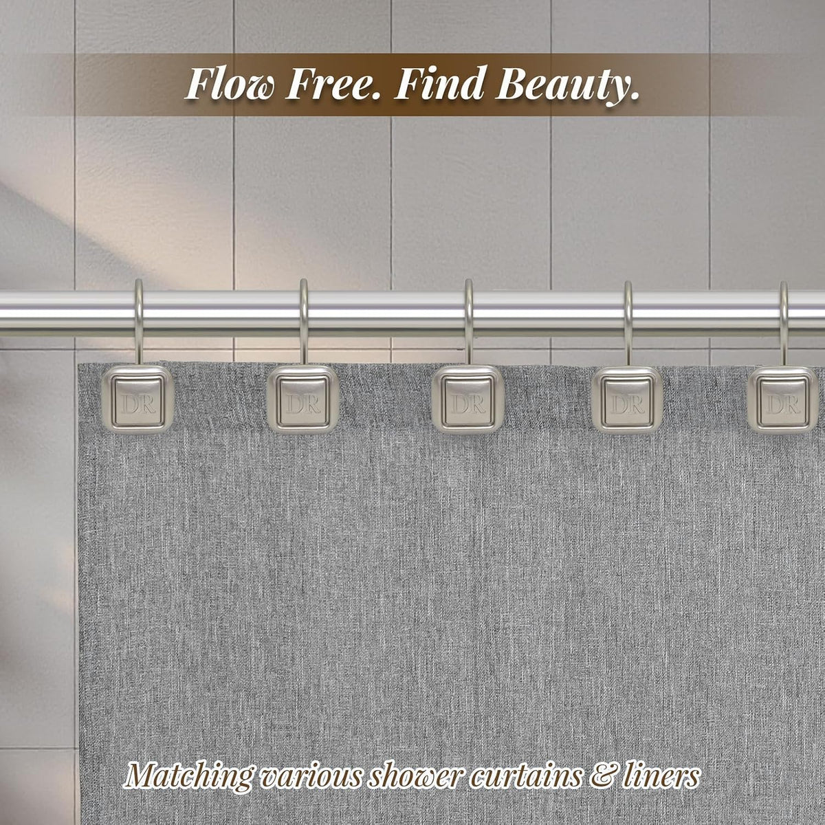 DR Monogram Shower Curtain Hooks, Set of 12, Smooth-Glide Curved Metal Hooks, Heavy-Duty Stainless Steel & Zinc Alloy, Electroplated Finish, Fits Most Standard Shower Rods (Nickel)