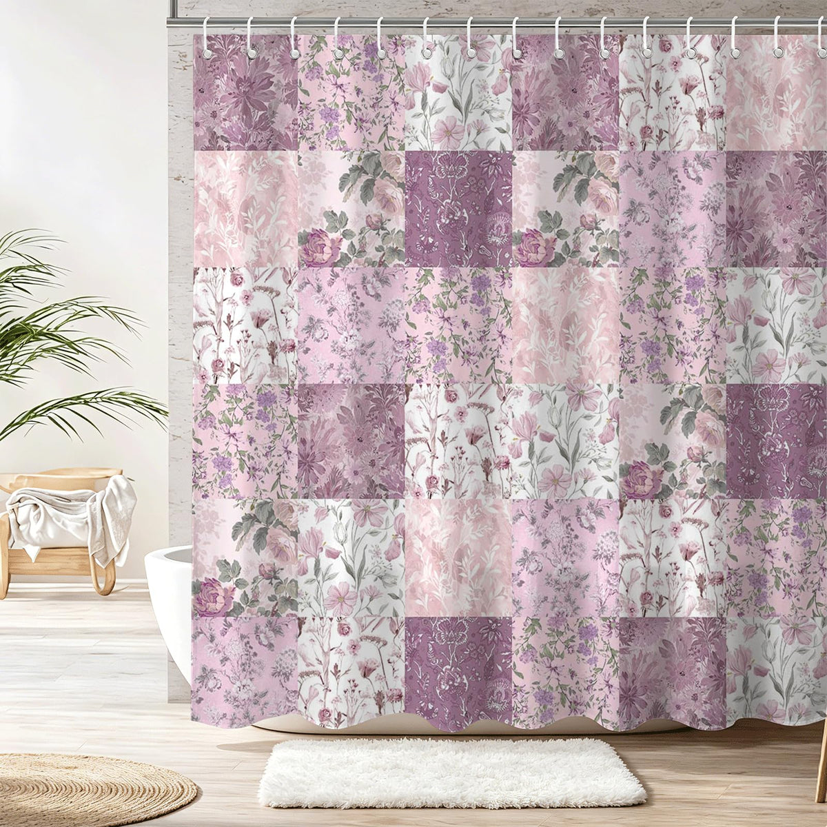 Shower Curtains for Bathroom, Boho Shower Curtain, Vintage Boho Pink Floral Bathroom Decor Bath Curtain, Mid Century Waterproof Retro Farmhouse Patchwork Floral Shower Curtain, 72 X 72 Inches