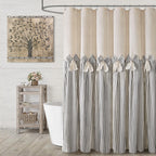 Farmhouse Shower Curtain Linen Beige Button Brown Stripe 72"W x 72"L