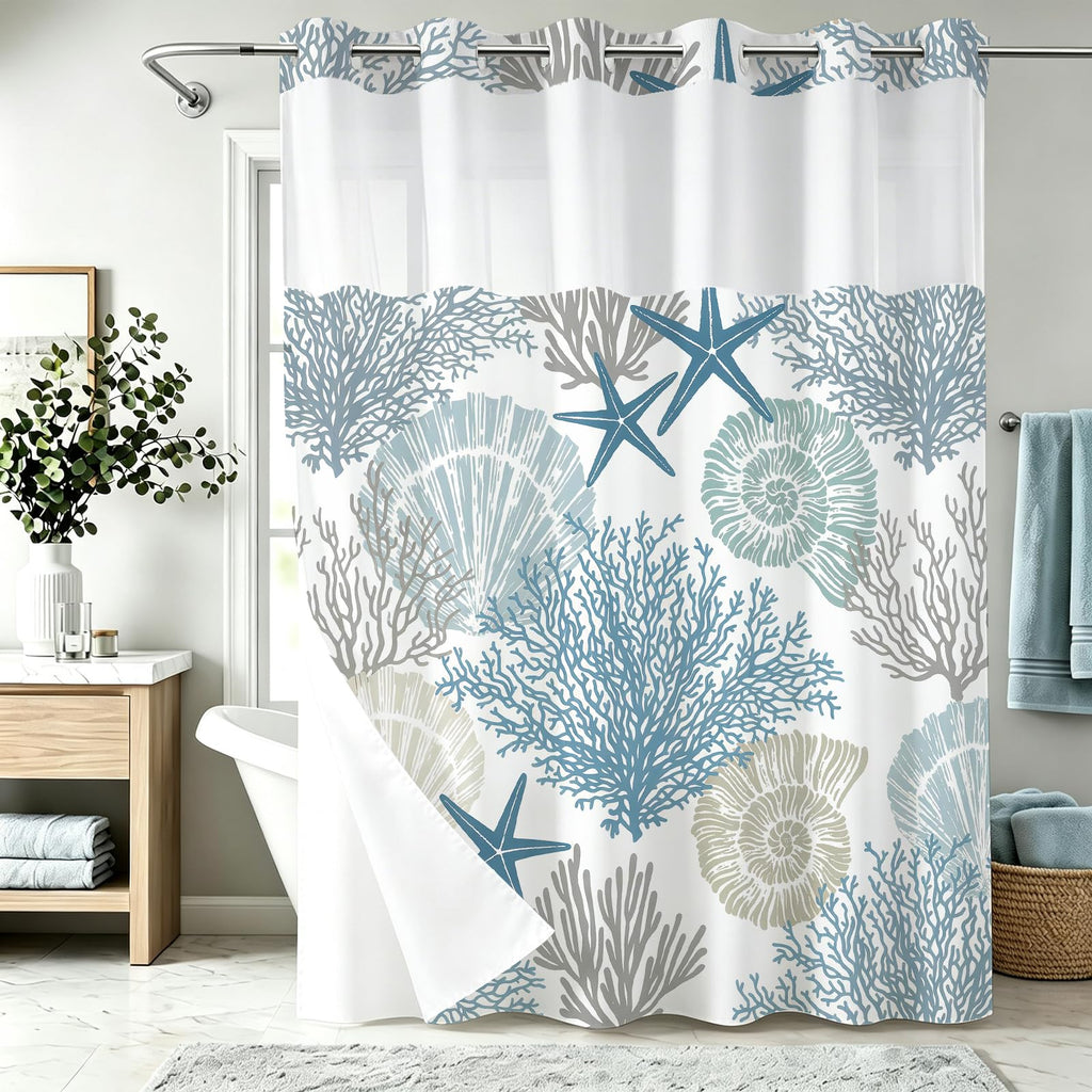 Nautical Green Sea Turtles Beach Theme Fabric Shower Curtain Sets Bathroom Blue Ocean Decor with Grommets and Hooks - 72 x 72 Inch Teal