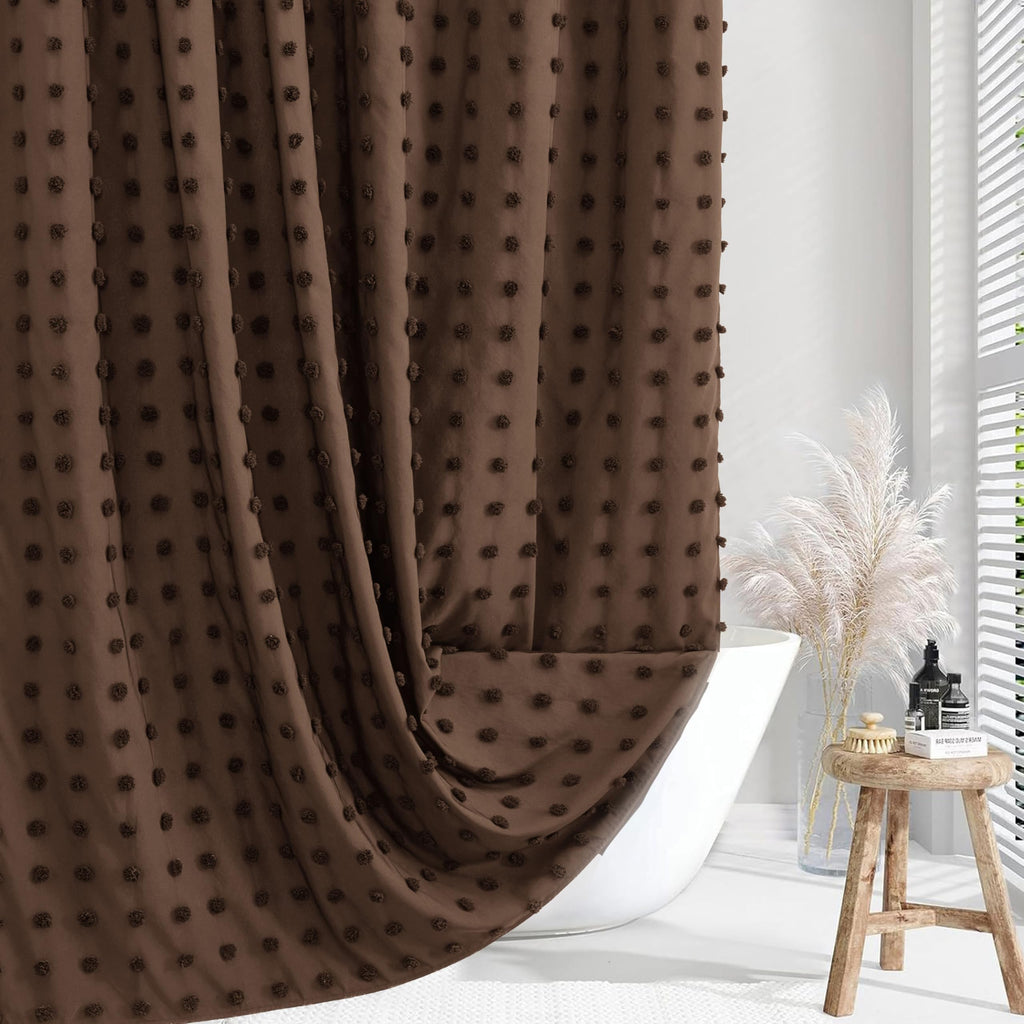 Extra Long Green Boho Shower Curtain Woven Fabric Cute 84 Inch Shower Curtain, 72 x 84 Tufted Pleat Floral Puffs Textured Modern Farmhouse Minimalist Shower Curtain Set with Hooks for Bathroom