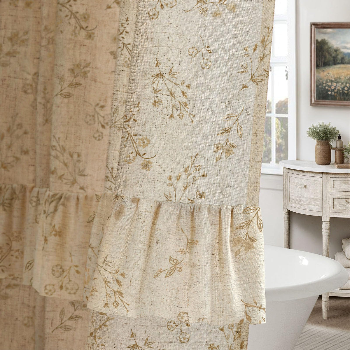Floral Farmhouse Vintage Linen Shower Curtain French Country Decor 72Wx72H