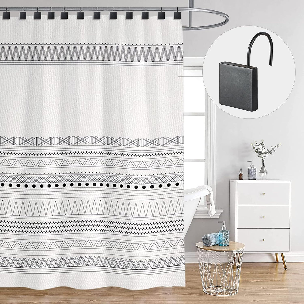 Square Shower Curtain Hooks, Decorative Bathroom Curtain Rings, Black