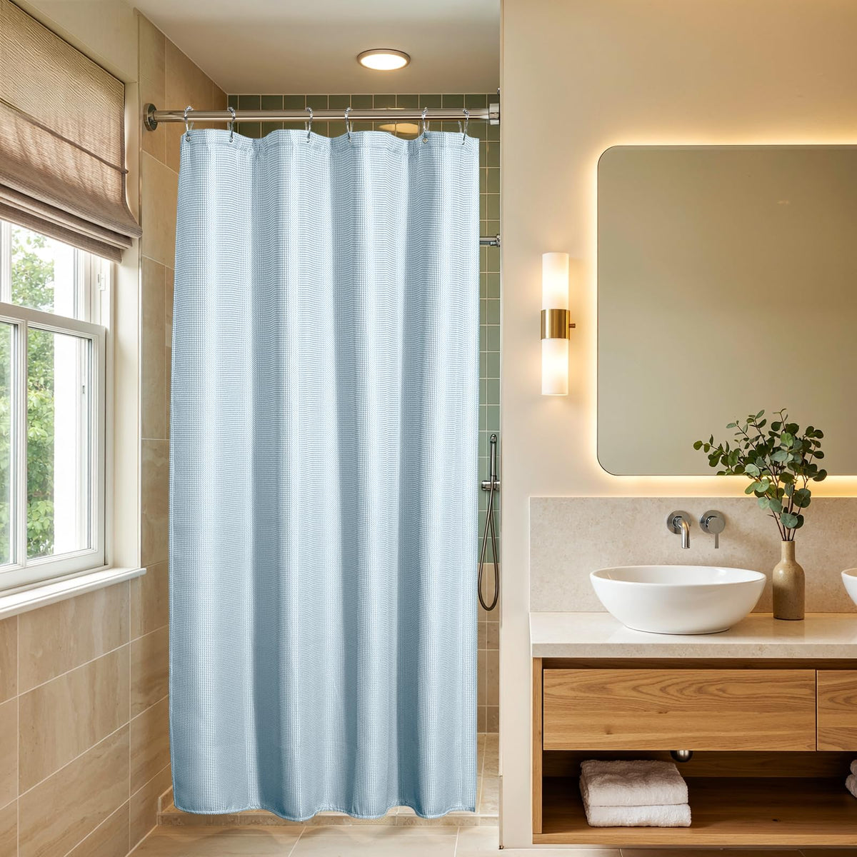 AmazerBath Extra Long Shower Curtain 96 Inches Long, Waffle Shower Curtain White Extra Long, Fabric Shower Curtains for Bathroom, Heavy Duty 240G Waffle Textured, 72x96 Inches