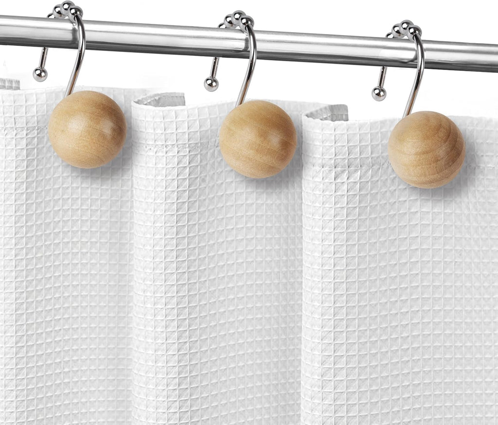 Sunlit Boho Wood Beads Decorative Shower Curtain Hooks, Shower Curtain Rings with Roller Balls, Farmhouse Bathroom Decoration Curtain Hangers Accessories, Set of 12, Natural