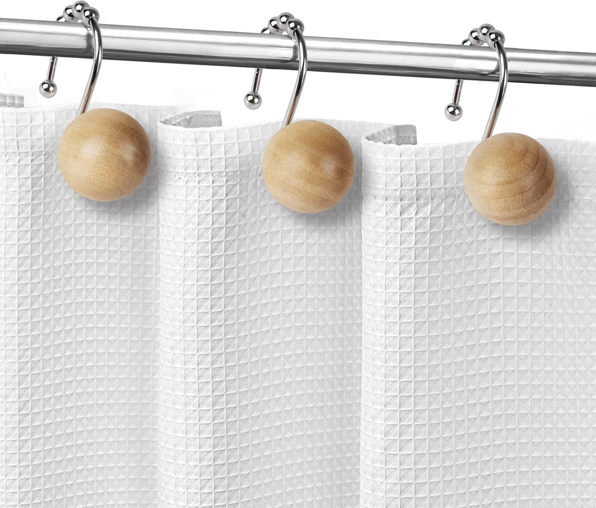 Sunlit Boho Wood Beads Decorative Shower Curtain Hooks, Shower Curtain Rings with Roller Balls, Farmhouse Bathroom Decoration Curtain Hangers Accessories, Set of 12, Natural