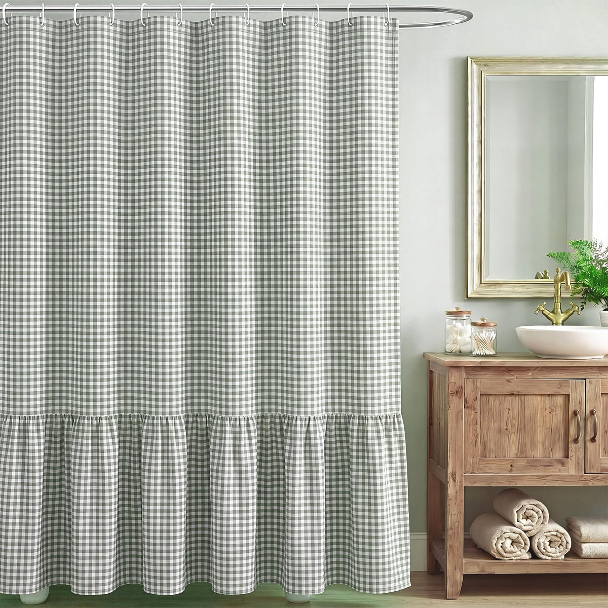 HunnmingRe Ruffle Hem Gingham Shower Curtain Taupe