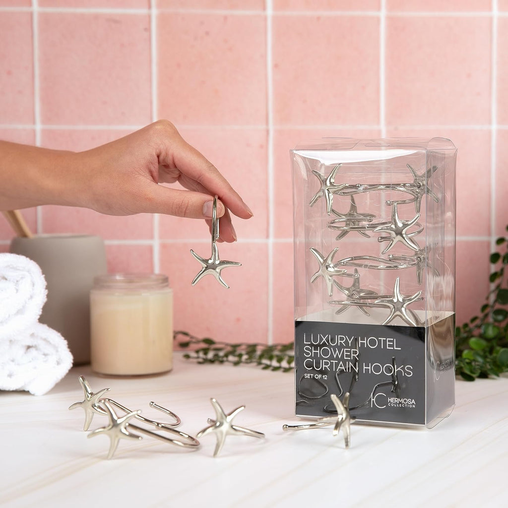 Starfish Shower Curtain Hooks – 12-Pack Decorative Chrome Bathroom Hooks for Bathroom Shower Curtains, Premium Chrome Craftsmanship, Easy Install, Coastal Beach Nautical Decor