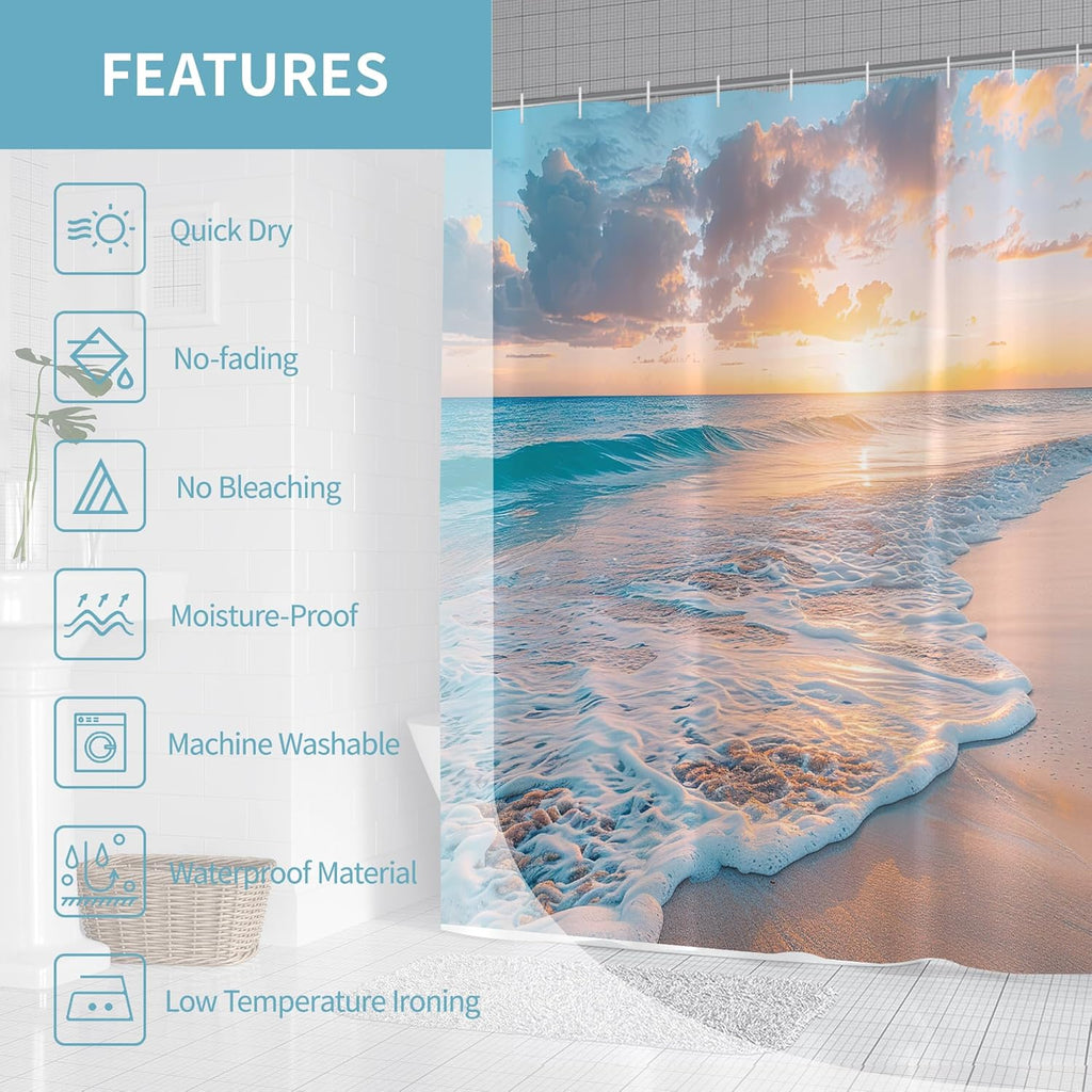 Ocean Beach Coastal Nautical Summer Sunset Shower Curtain for Bathroom 72W*72H Inch Seaside Seacoast Beachy Waves Bathtub Decor Seascape Neutral Cool Waterproof Polyester Fabric Set with 12 Hooks