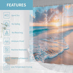 Ocean Beach Coastal Nautical Summer Sunset Shower Curtain for Bathroom 72W*72H Inch Seaside Seacoast Beachy Waves Bathtub Decor Seascape Neutral Cool Waterproof Polyester Fabric Set with 12 Hooks