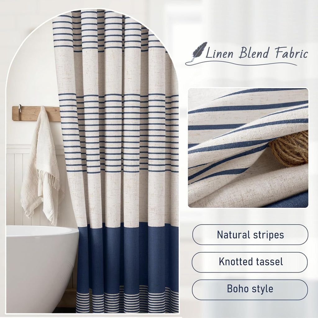 Navy Blue Coastal Ocean Linen Striped Shower Curtain with Tassel 72W X 72L