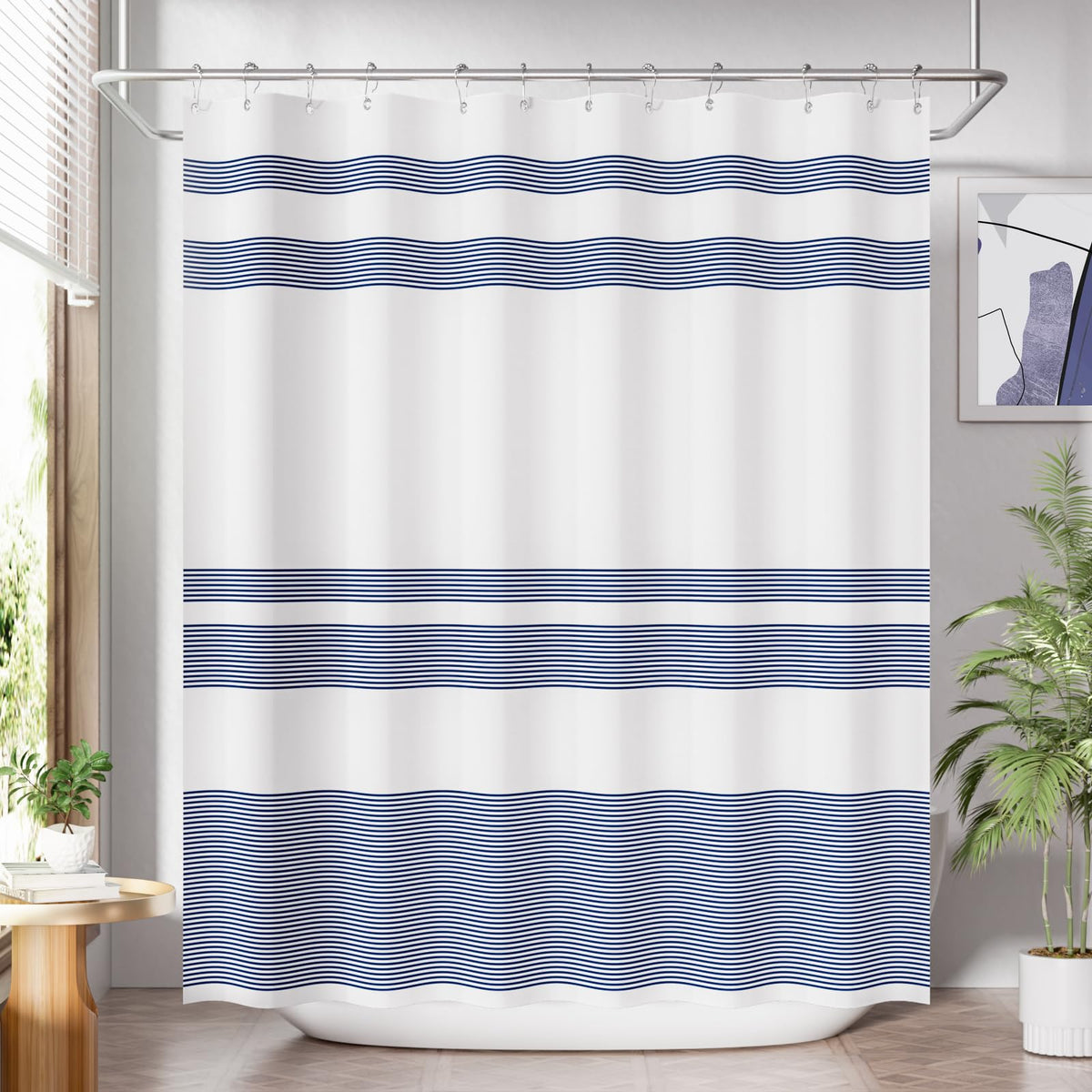 AmazerBath Shower Curtain, Washable Cloth Black Shower Curtain Sets with 12 Shower Curtain Hooks, Fabric Rustic Black and White Striped Curtain, Farmhouse Bathroom Curtains, 72x72 Inches