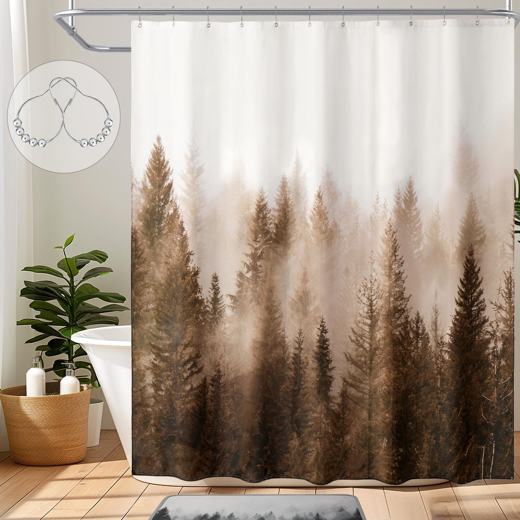 ORTIGIA Dark Green Misty Forest Shower Curtain for Bathroom, Nature Woodland Shower Curtain Set with Hooks, Decorative Pine Tree Fog Magic Bath Curtain for Home, Waterproof Fabric, Weighted, 72x72