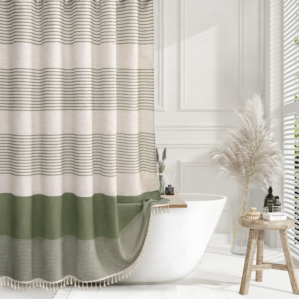 Navy Blue Coastal Ocean Linen Striped Shower Curtain with Tassel 72W X 72L