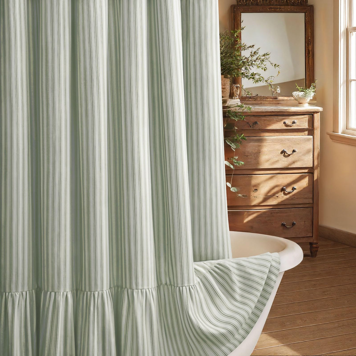 Farmhouse Shower Curtain Ruffle Linen Cream-Brown Stripe 72"W x 84"L