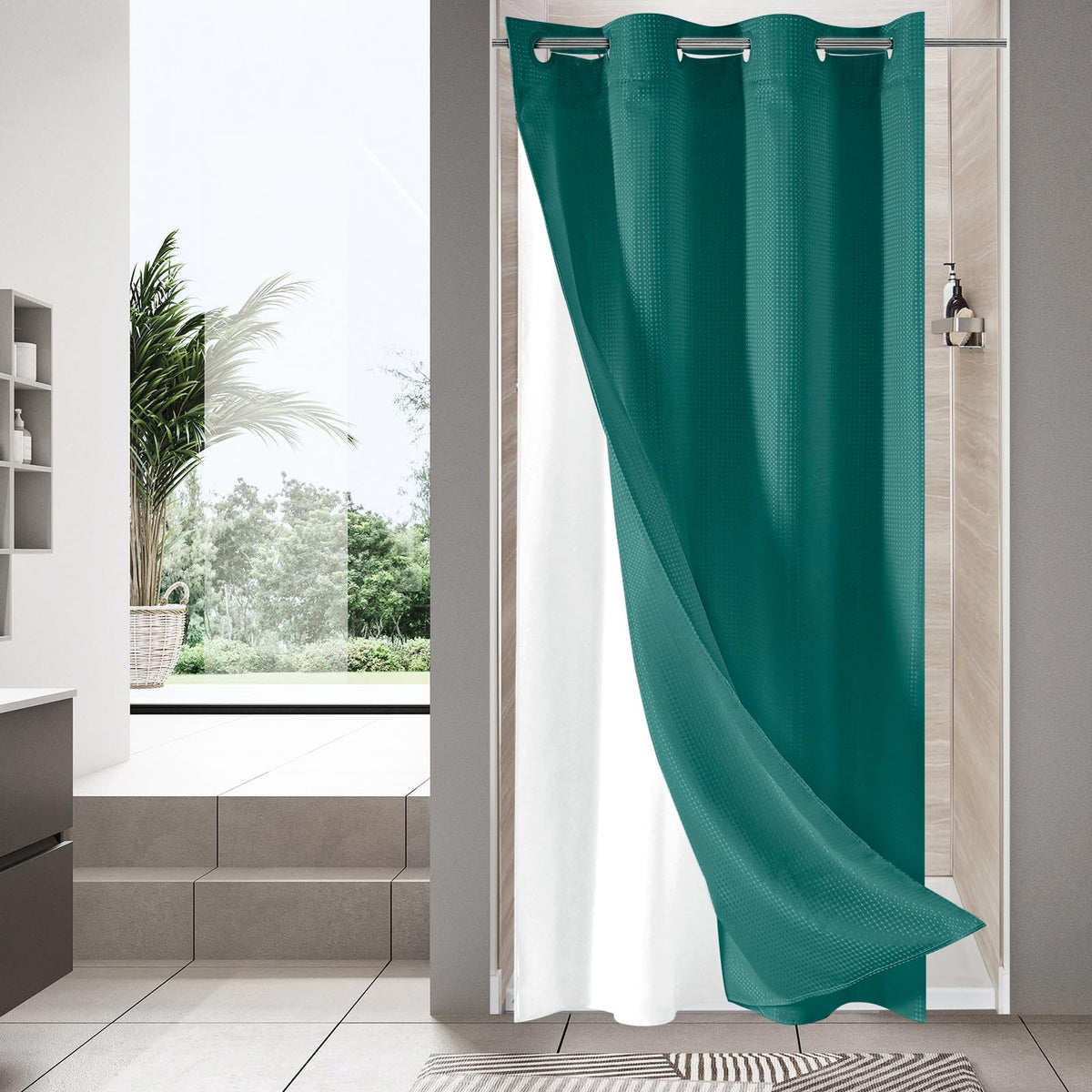 No Hook Weave Fabric Shower Curtain with Snap-in Liner White,72x74