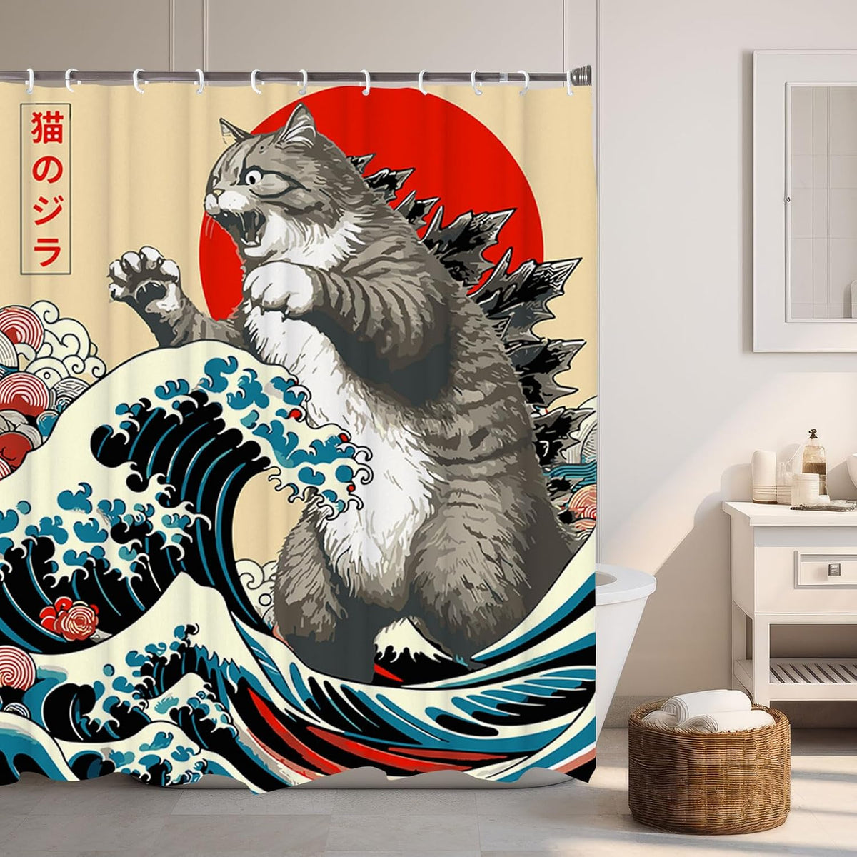 Funny Japanese Cat Funky Anime Japan Bathroom Shower Curtain, 72x72