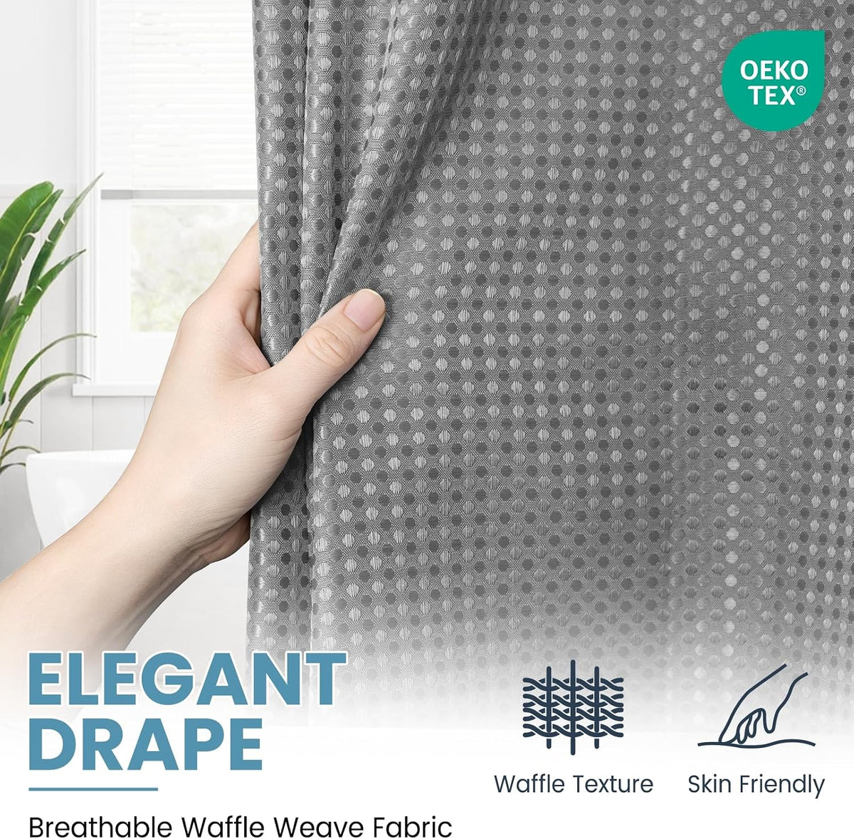 SORTTO Ringless Waffle Shower Curtain with Snap in Liner Set, 71x74, Grey