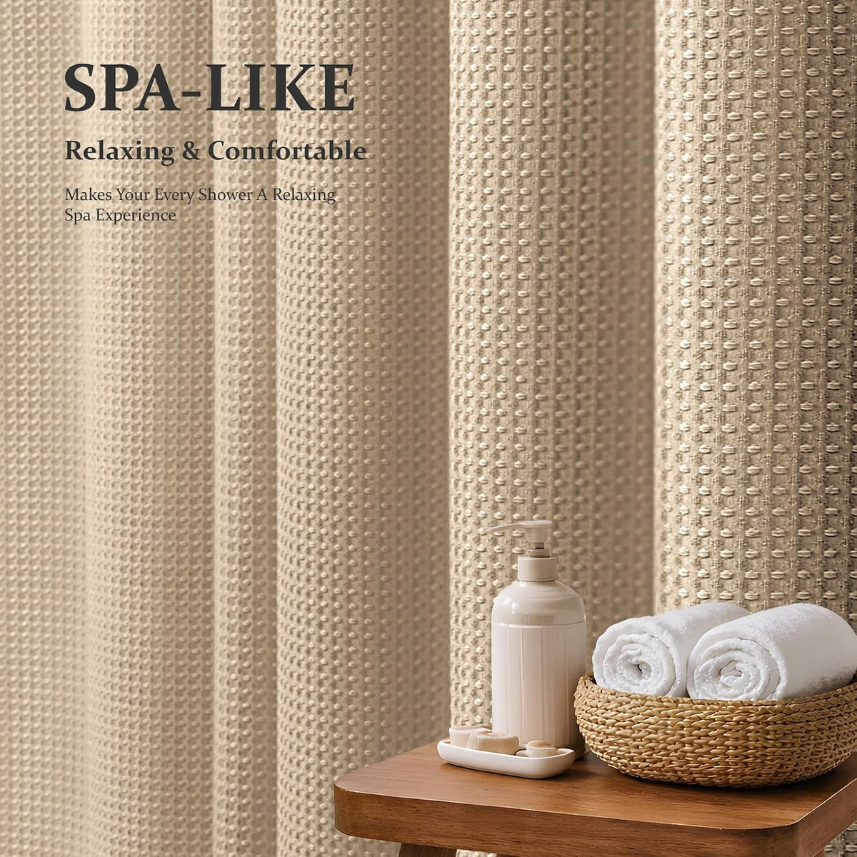 Dynamene Waffle Shower Curtain 256 GSM Heavy Duty Fabric 72x72 Beige/Khaki