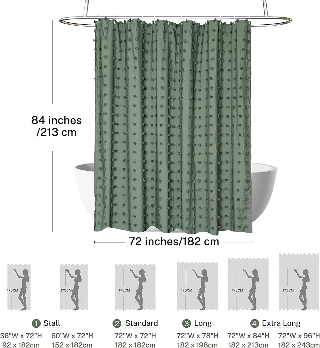 Extra Long Green Boho Shower Curtain Woven Fabric Cute 84 Inch Shower Curtain, 72 x 84 Tufted Pleat Floral Puffs Textured Modern Farmhouse Minimalist Shower Curtain Set with Hooks for Bathroom