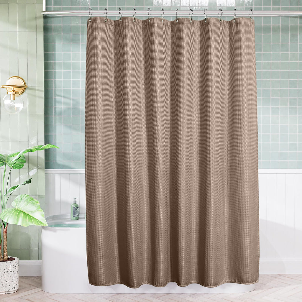 AmazerBath Short Shower Curtain 72x65 Inches, White Shower Curtain Waffle Textured, Heavy Duty 240GSM, Fabric Shower Curtain, Hotel Quality Bathroom Shower Curtains, Thick and Heavy