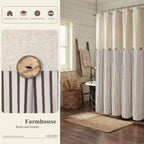 Farmhouse Shower Curtain Linen Beige Button Brown Stripe 72"W x 72"L