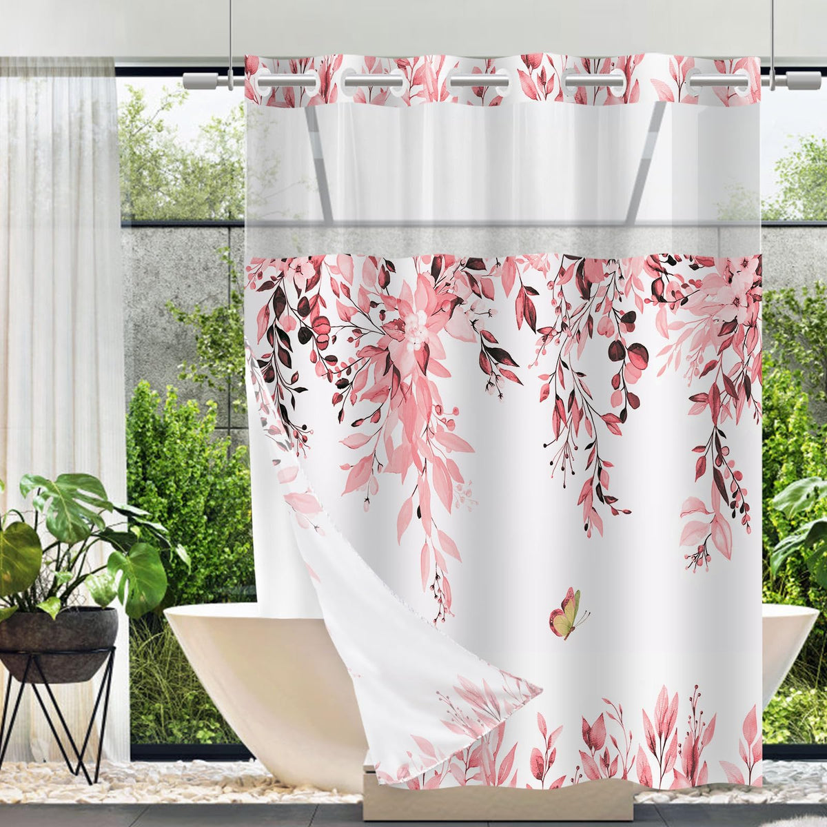 No Hook Shower Curtain and Liner Set, Sage Green Eucalyptus 71x74