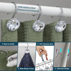 12PCS Shower Curtain Hooks Rings for Bathroom, Stainless Steel Metal Crystal Rhinestones Bling Rust Proof Shower Curtain Rings Hangers for Shower Curtain Decorative, Round Heavy Duty Hooks (Clear)
