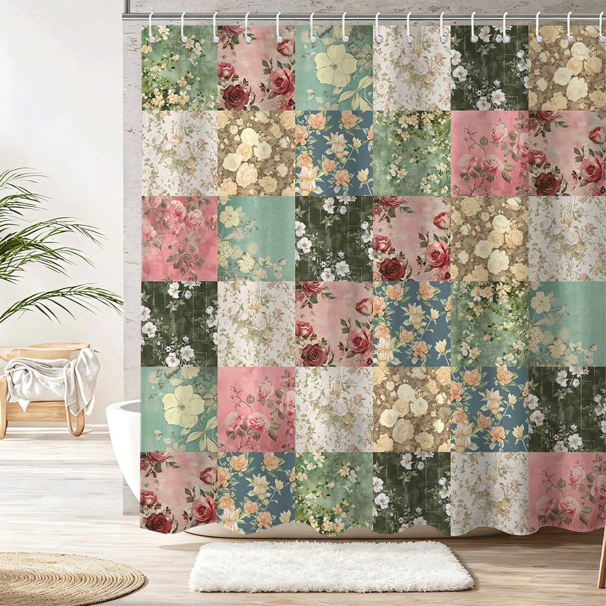 Shower Curtains for Bathroom, Boho Shower Curtain, Vintage Boho Pink Floral Bathroom Decor Bath Curtain, Mid Century Waterproof Retro Farmhouse Patchwork Floral Shower Curtain, 72 X 72 Inches