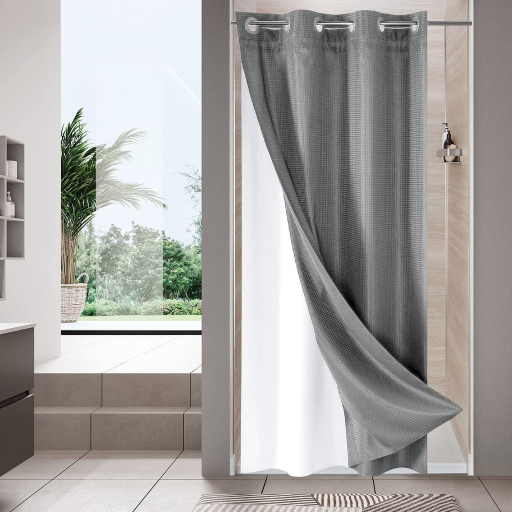 No Hook Weave Fabric Shower Curtain with Snap-in Liner White,72x74