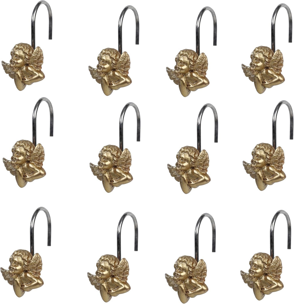 Twofish Home Golden Angel Shower Curtain Hooks Anti Rust Shower Curtain Hooks Decorative Resin Golden Angel Shower Curtain Rings Set of 12