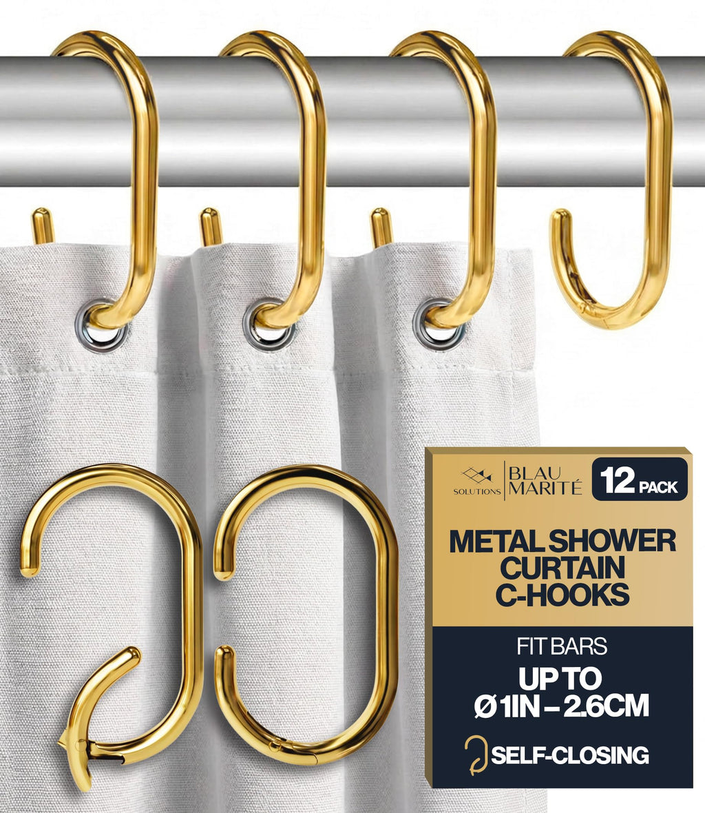 12 Metal Shower Curtain Hooks, Rust-Proof Decorative C-Shaped Curtain Hooks for Bathroom, Chrome Shower Curtain Rings, Fits Rods Up to 1 Inch (C, Silver)