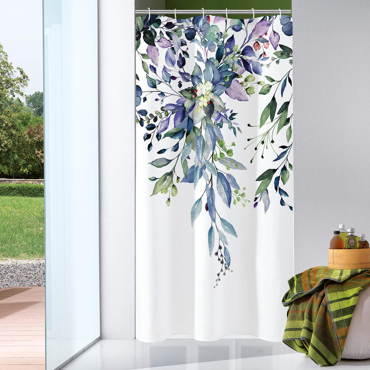 Gibelle Sage Green Eucalyptus Shower Curtain, Floral Print, 72x72