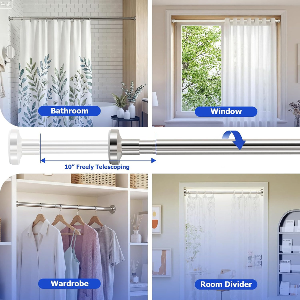 Shower Curtain Rod, No Drilling Adjustable 32-75 Inches Spring Tension Rods