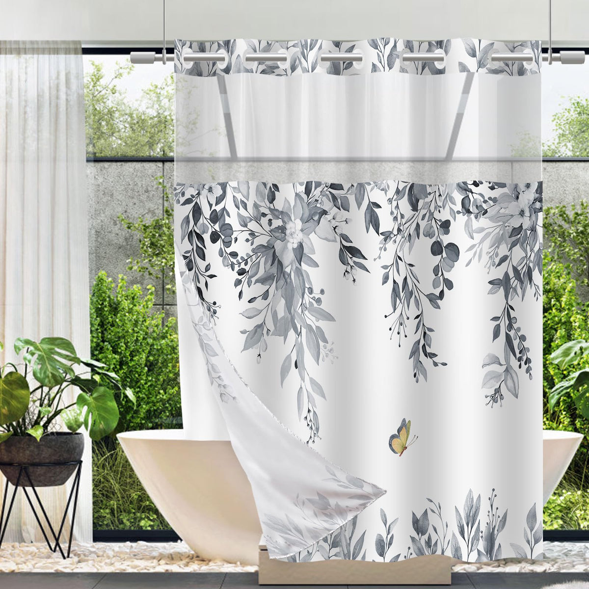 No Hook Shower Curtain and Liner Set, Sage Green Eucalyptus 71x74